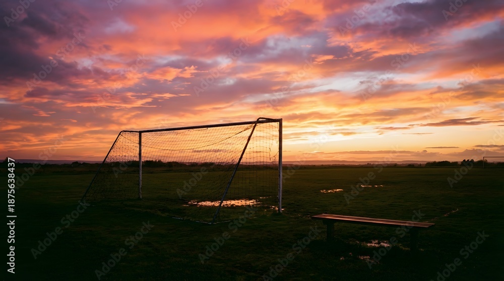 Fototapeta premium Atmospheric sports photography of silhouetted soccer goal at sunset with dramatic clouds, rain puddles reflections, empty wooden bench, and quiet rural football field