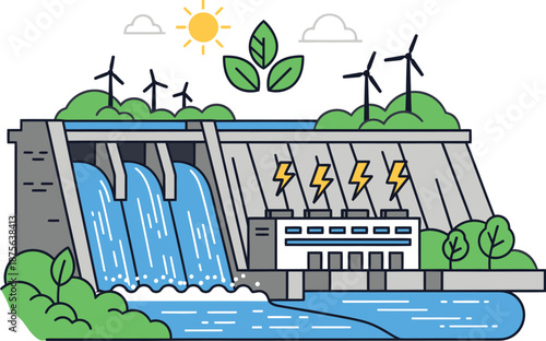Renewable energy generation at a hydroelectric dam with wind turbines and lush greenery surrounding the water flow and power plant