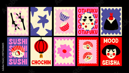 Japanese kitchen poster set in clean minimalist style. Sushi, koi fish, sakura and traditional symbols in calm modern cartoon aesthetics.