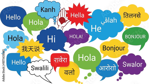 Diverse collection of colorful speech bubbles displaying the word hello in multiple different languages and global communication concepts