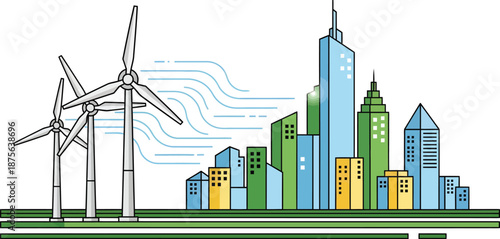 Sustainable cityscape with wind turbines and modern buildings viewed from a distance in a graphic illustration