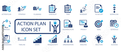 Action plan and business strategy icon set featuring project planning, goal setting, workflow management, roadmap, task checklist, productivity steps, and success timeline symbols.