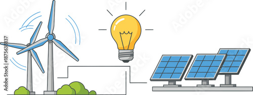 Renewable energy sources including wind turbines and solar panels generating electricity for a sustainable future