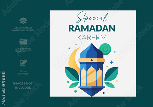 Special ramadan kareem celebration vector graphic with lantern and crescent moon