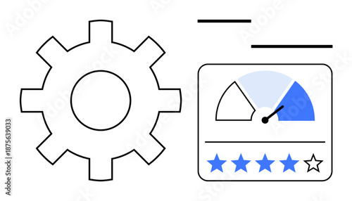 Performance concept. Gear and speed gauge optimization and productivity. Performance evaluation using star ratings and metrics. For technology, analytics, productivity tools, quality assurance
