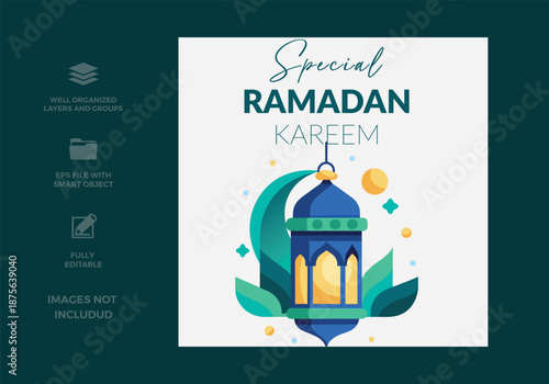 Special ramadan kareem greeting with an elegant blue lantern and crescent moon design