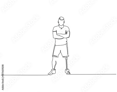 Continuous one line drawing of man with prosthetic leg. One line drawing illustration of sportsman use prosthetic leg. Assistive Technology under a health concept single line. Editable outline
