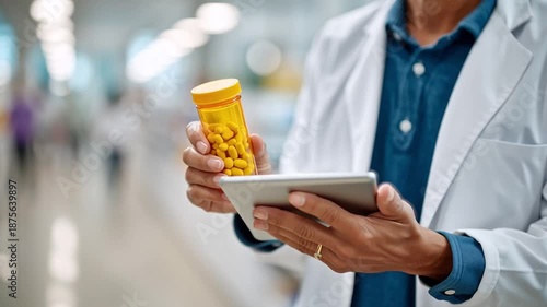 Healthcare Professional Reviews Medication Development With a Tablet in a Pharmacy Generative AI