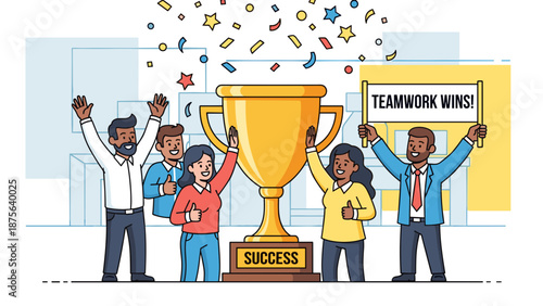 Diverse Team Celebrating Success with Trophy.