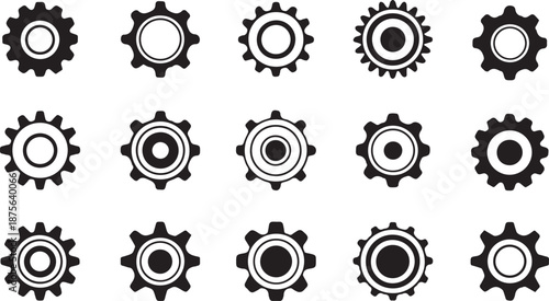 Gear icon vector set, black cogwheel vector collection, mechanical gear shapes, engineering symbols, industrial machinery, sprocket designs, abstract gearwheel graphics