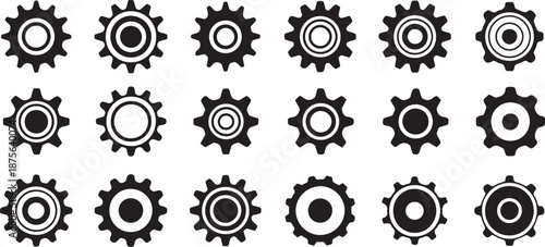 Gear icon vector set, black cogwheel vector collection, mechanical gear shapes, engineering symbols, industrial machinery, sprocket designs, abstract gearwheel graphics