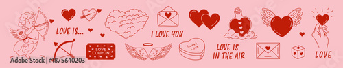 Hand-drawn happy valentine day love set: cute cupid, wings,red heart symbols,winged heart,a creative concept design for web use, featuring playful romance elements in doodle vector illustration style.