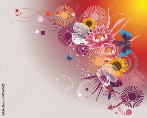 A vibrant digital art background featuring flowers, butterflies, and abstract shapes in a gradient environment from a frontal viewpoint