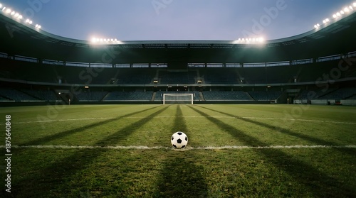 Empty soccer stadium at dusk with football centered on green field under bright floodlights