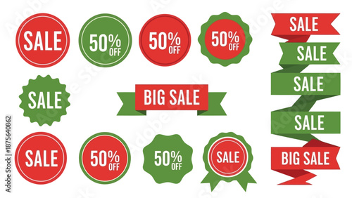 Assorted promotional sales labels and discount buttons isolated on transparent background