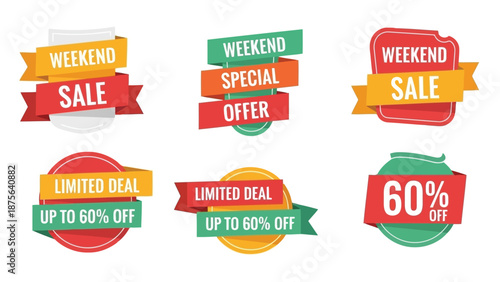 Set of six colorful comic book style promotional stickers and sale labels including Mega Sale and Hot Price isolated on transparent background
