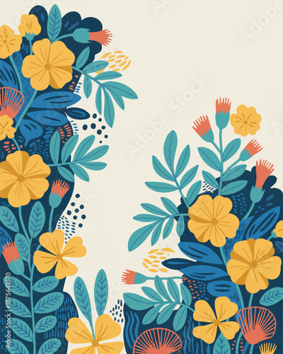 A vibrant floral art print featuring a white background with intricate designs and patterns