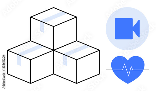 Ecommerce, telemedicine, technology, delivery process, online shopping, virtual care. Three stacked boxes, blue video camera heart symbol with pulse line. Ecommerce and telemedicine concept