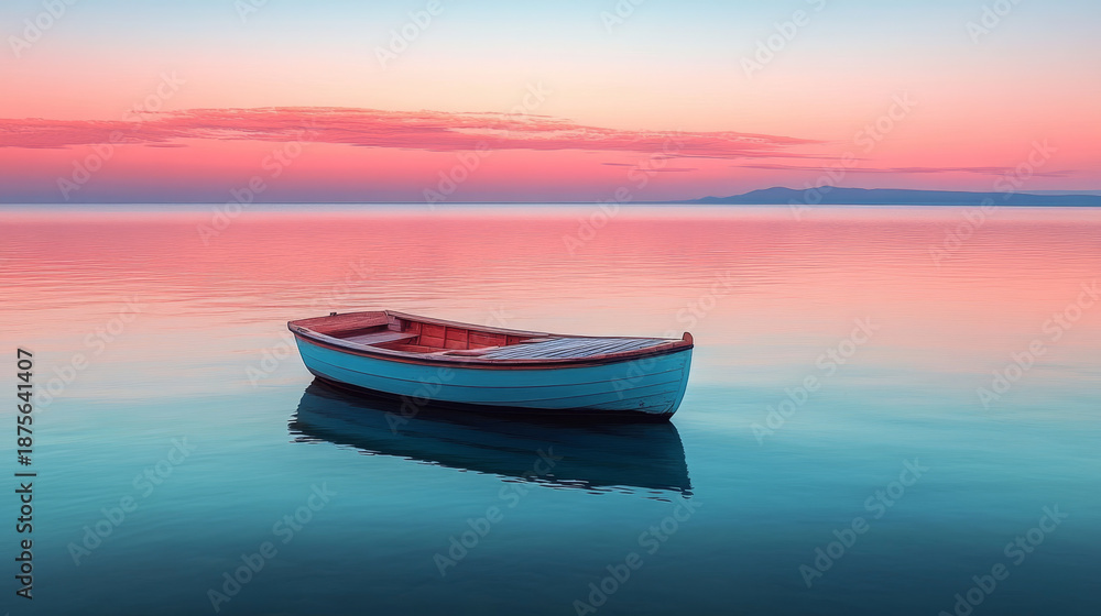 Fototapeta premium Sunset over a tranquil lake, reflecting the image of small boats.