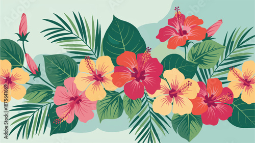 Vibrant Tropical Illustration Featuring Exotic Flowers and Foliage in a Serene Environment