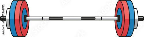 Heavy barbell with red and blue weight plates, gym equipment for weightlifting, vector illustration isolated on white.