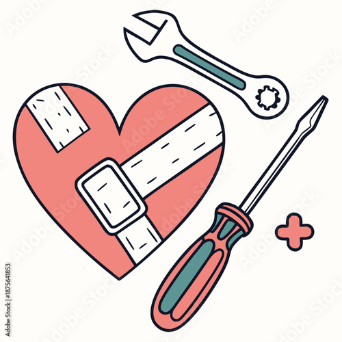 Heart with bandages and tools