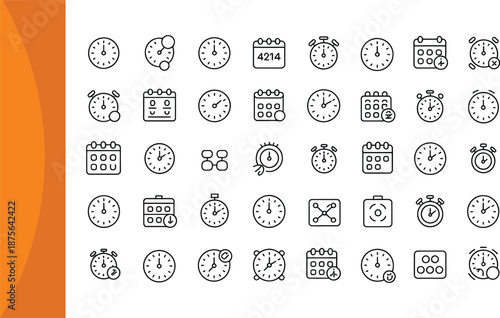 A collection of various icons and symbols in a grid pattern on a white background with orange border