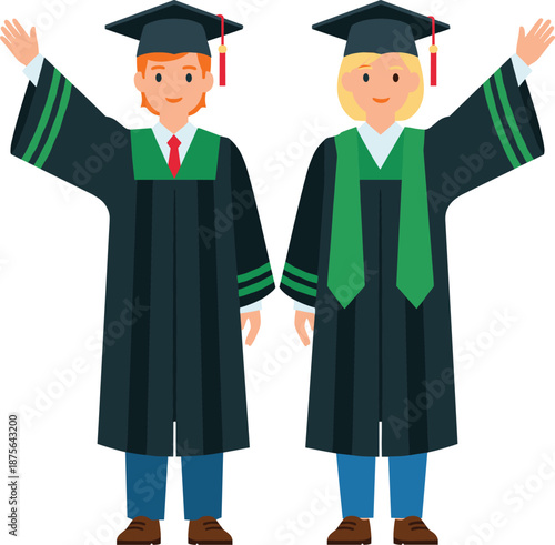 Two university graduates waving hands wearing academic gowns and mortarboards celebrating graduation flat vector illustration
