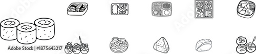 Japanese Sushi and Bento Line Art Icons Set – Traditional Food Illustration
