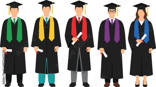 Group of university graduates in academic gowns holding diplomas celebrating graduation ceremony flat vector illustration