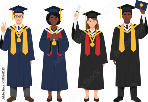 Diverse group of university graduates in academic gowns holding diplomas celebrating graduation success flat vector illustration