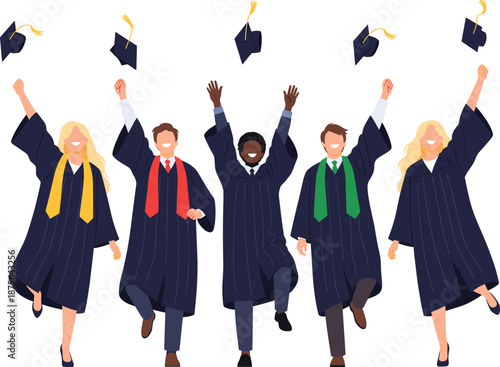 Happy diverse group of university graduates celebrating graduation ceremony throwing mortarboards academic success vector illustration