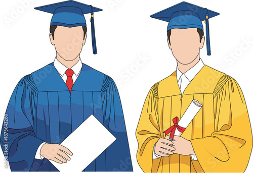 Two male graduates in academic gowns and mortarboards holding diploma and certificate university graduation vector illustration