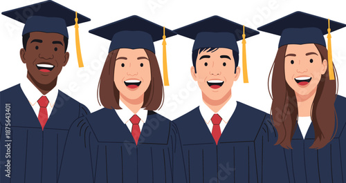Diverse group of happy graduates in academic gowns and mortarboards celebrating university graduation vector illustration