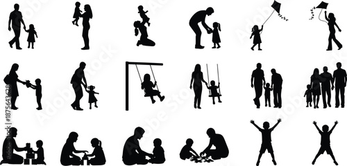 Family silhouettes with parents and children playing together, happy childhood moments, parenting care activities, love bonding concept, isolated black figures