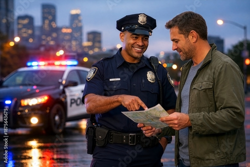 Friendly police officer helping civilian with directions at dusk on city street, patrol car with flashing red and blue lights, community policing concept, urban safety, trust and public service
