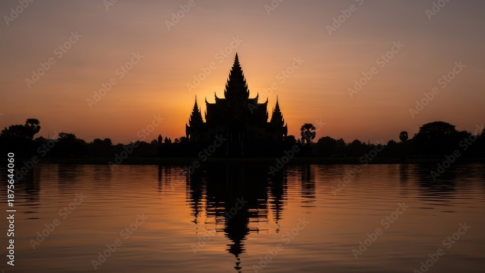 Fototapeta premium A silhouetted ornate structure reflects in calm water during a fiery sunset
