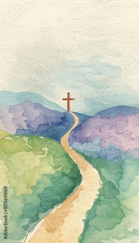 A watercolor painting featuring a cross on a hill, a symbol of faith and hope, with a path leading towards it. Lent and Holy Week concept