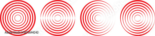 Red concentric ripple circles set. Sonar or sound wave rings collection. Epicentre, target, radar icon concept. Radial signal or vibration elements. Halftone vector illustration