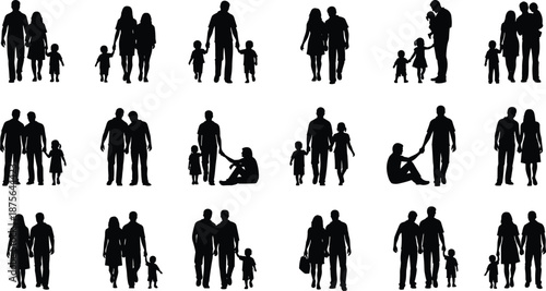 Family walking silhouettes set, parents children couples together, happy lifestyle people, love care parenting concept illustration