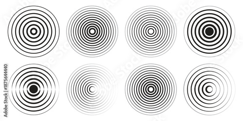 Set of echo pattern with shockwave and radiate wave. Circular radial round concentric rings. Sonic pulse texture with energy explosion and vibration.