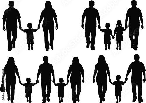 Family walking together silhouette collection, parents holding children hands, mother father kids group, happy family life concept illustration