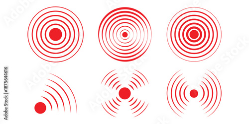 Red concentric ripple circles set. Sonar or sound wave rings collection. Epicentre, target, radar icon concept. Radial signal or vibration elements. Halftone vector Dashed and dotted line rippled