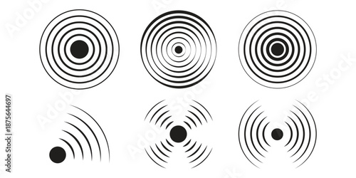 Abstract round patterns set isolated on background. Vector illustration of black circles with dots, lines and waves, rippled sound or radio signal rings, radial vibration effect, epicenter icons