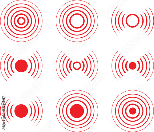 Abstract round patterns set isolated on background. Vector illustration of black circles with dots, lines and waves, rippled sound or radio signal rings, radial vibration effect, epicenter icons
