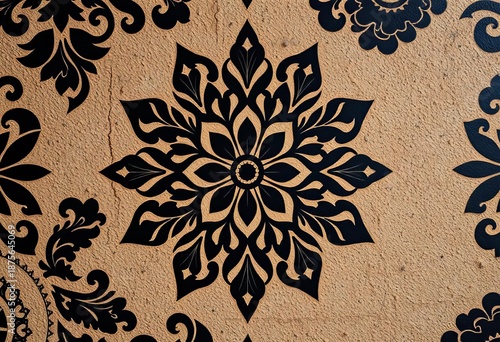 Intricate black floral pattern on a textured wall, architecture, dramatic