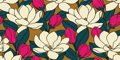 A mesmerizing floral pattern, with oversized blossoms and lush foliage, creating a bold, elegant design that's perfect for textiles, wall coverings, and decorative art.