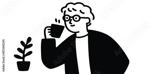 A person is taking a sip from a mug, in a minimalist, black-and-white style. The person, framed by simplicity. Enjoying a coffee, in a scene that evokes tranquility.