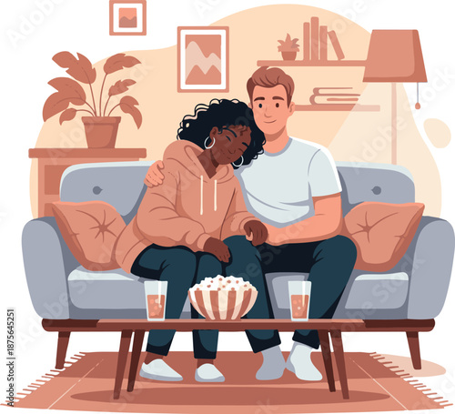 Interracial Couple Relaxing on Sofa at Home with Popcorn and Drinks, Cozy Movie Night Concept Vector Illustration