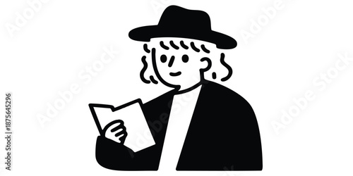 An illustration of person with a book in classic black and white style. It exudes a sense of intellectual curiosity.